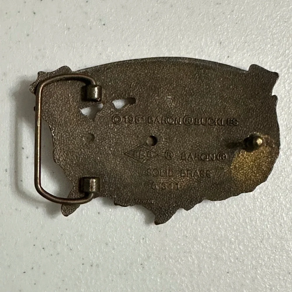 Baron American Oil Worker Belt Buckle Solid Brass Vintage '81 Americana USA Flag